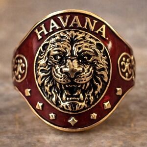 Havana Lion Head Statement Ring Gold Tone Red Enamel Signet Style Unisex
